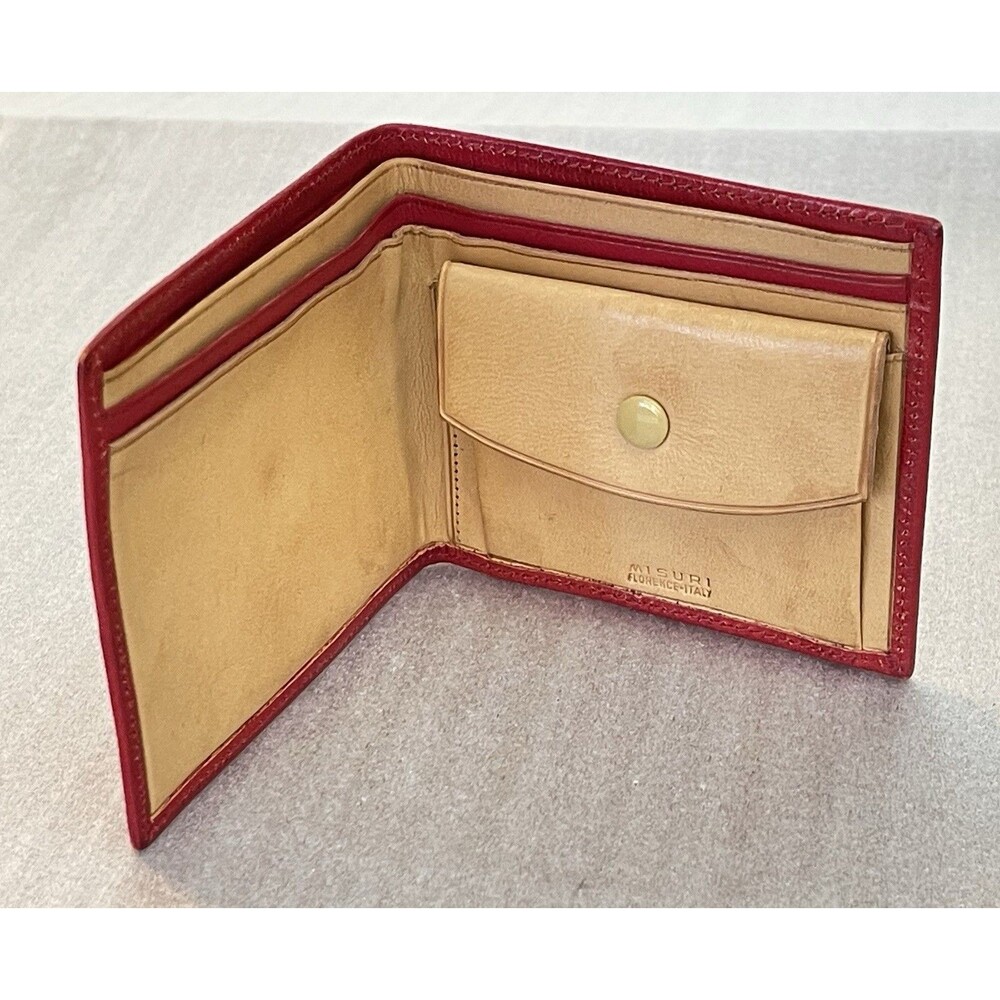 VTG Misuri Florence Italy Leather Bifold Wallet Scarlet Red Gold Fleur de Lis - Picture 3 of 14